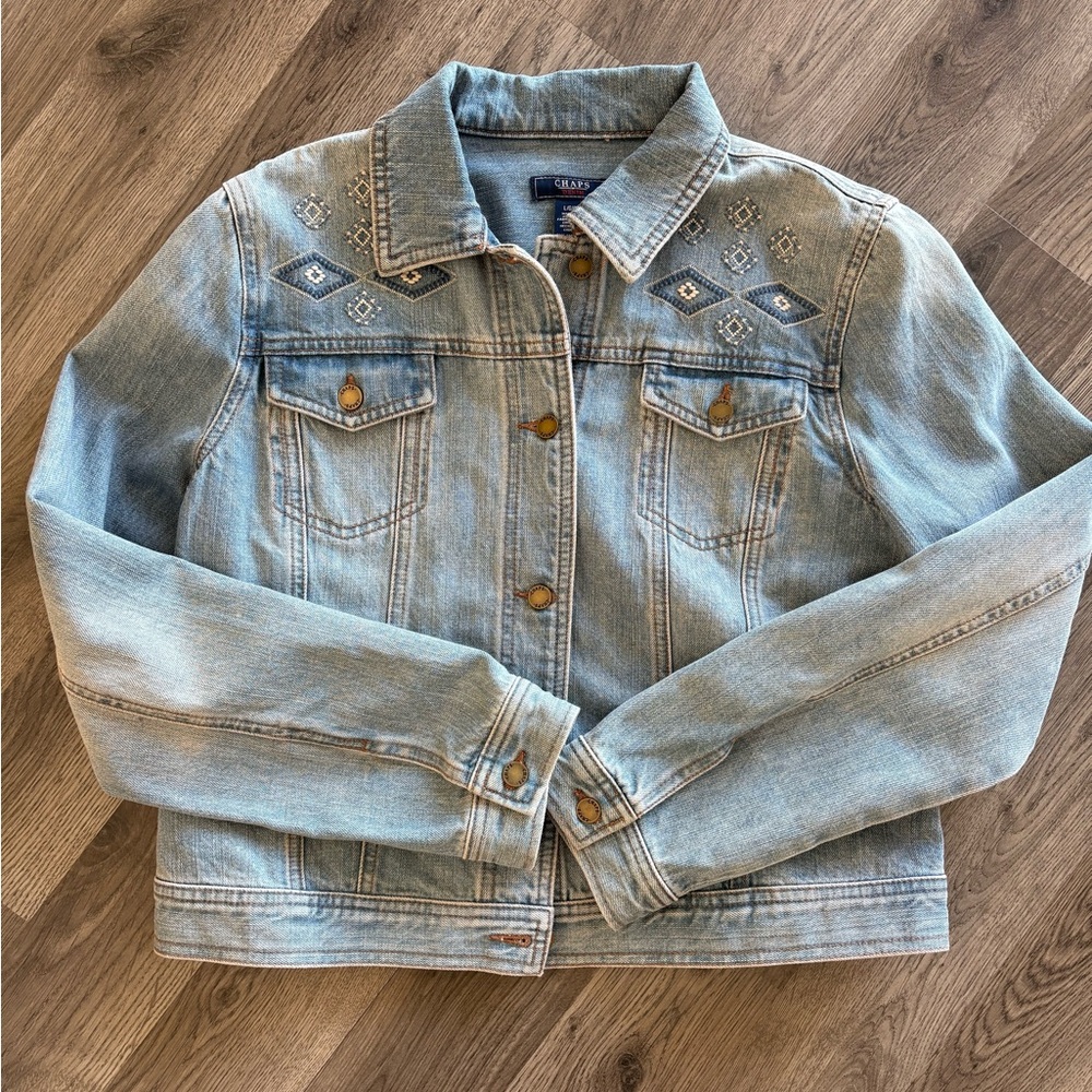 Chaps Light Blue Jean Jacket with Embroidery